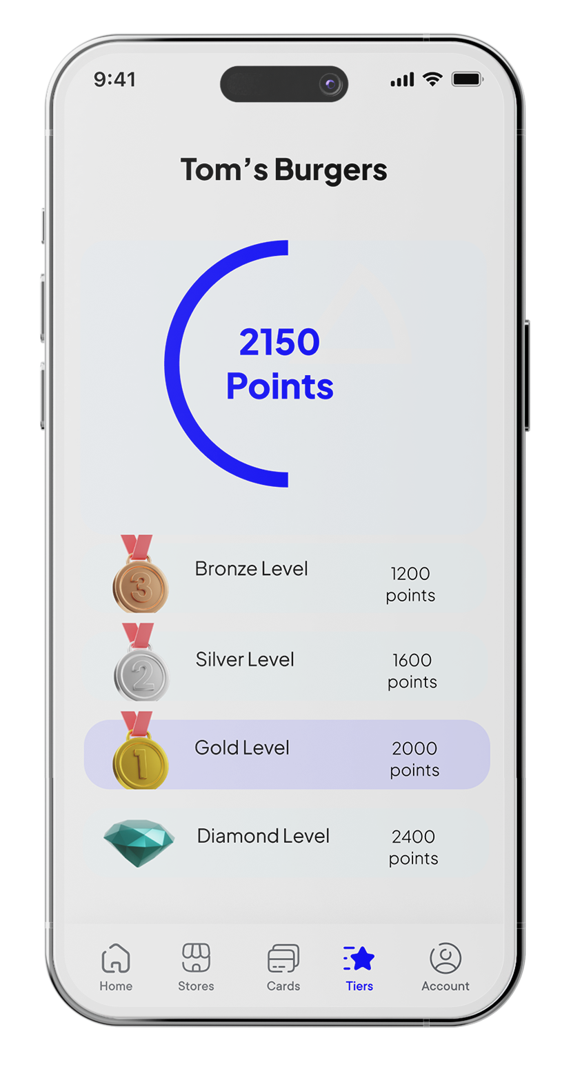 Partners Points customer mobile app interface showing loyalty points balance, rewards catalog, and transaction history